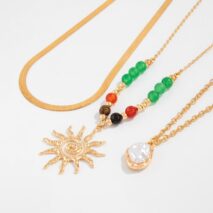 Boho 3pcs Sun Pearl Pendant Agate Bead Necklace Set - ArtGalleryZen