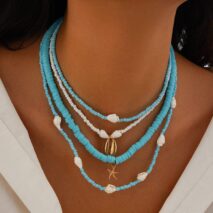 Boho 4Pcs Conch Starfish Pendant Polymer Clay Seed Bead Necklace Set - ArtGalleryZen