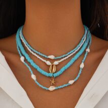 Boho 4Pcs Conch Starfish Pendant Polymer Clay Seed Bead Necklace Set - ArtGalleryZen