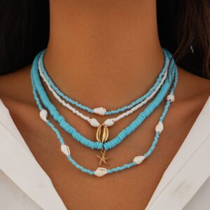 Boho 4Pcs Conch Starfish Pendant Polymer Clay Seed Bead Necklace Set - ArtGalleryZen