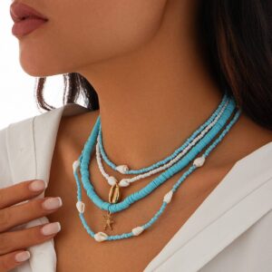 Boho 4Pcs Conch Starfish Pendant Polymer Clay Seed Bead Necklace Set - ArtGalleryZen