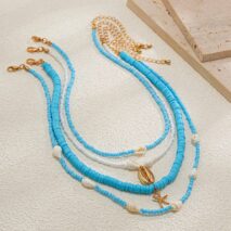 Boho 4Pcs Conch Starfish Pendant Polymer Clay Seed Bead Necklace Set - ArtGalleryZen