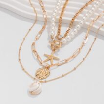 Boho 4Pcs Crystal Inlaid Starfish Conch Pendant Pearl Chain Necklace Set - ArtGalleryZen