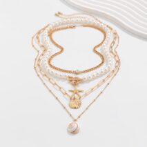 Boho 4Pcs Crystal Inlaid Starfish Conch Pendant Pearl Chain Necklace Set - ArtGalleryZen
