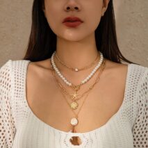 Boho 4Pcs Crystal Inlaid Starfish Conch Pendant Pearl Chain Necklace Set - ArtGalleryZen