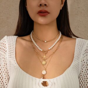 Boho 4Pcs Crystal Inlaid Starfish Conch Pendant Pearl Chain Necklace Set - ArtGalleryZen