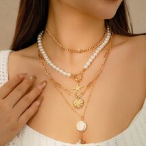Boho 4Pcs Crystal Inlaid Starfish Conch Pendant Pearl Chain Necklace Set - ArtGalleryZen