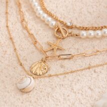 Boho 4Pcs Crystal Inlaid Starfish Conch Pendant Pearl Chain Necklace Set - ArtGalleryZen