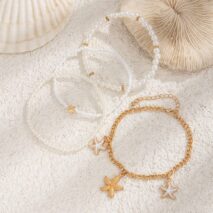 Boho 4Pcs Enamel Starfish Charm Pearl Seed Bead Anklet Set - ArtGalleryZen