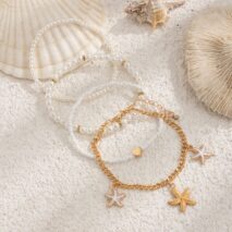 Boho 4Pcs Enamel Starfish Charm Pearl Seed Bead Anklet Set - ArtGalleryZen