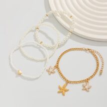 Boho 4Pcs Enamel Starfish Charm Pearl Seed Bead Anklet Set - ArtGalleryZen