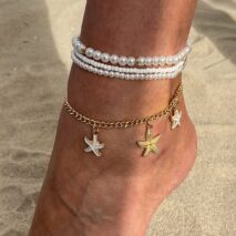 Boho 4Pcs Enamel Starfish Charm Pearl Seed Bead Anklet Set - ArtGalleryZen