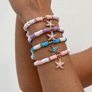 Boho 4pcs Enamel Starfish Charm Polymer Clay Beaded Bracelet Set - ArtGalleryZen