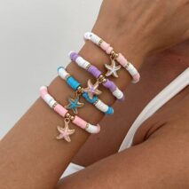 Boho 4pcs Enamel Starfish Charm Polymer Clay Beaded Bracelet Set - ArtGalleryZen