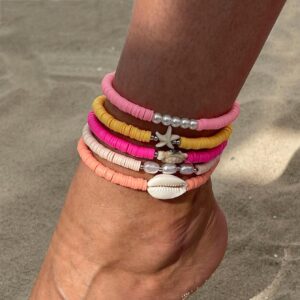 Boho 5pcs Conch Starfish Turtle Charm Pearl Polymer Clay Beaded Anklet Set - ArtGalleryZen