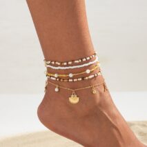 Boho 5pcs Shell Starfish Charm Pearl Seed Beaded Anklet Set - ArtGalleryZen