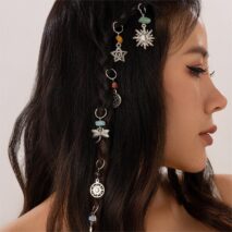 Boho 6Pcs Turquoise Stone Sun Moon Star Dragonfly Floral Heart Charm Hair Braids Ring Set - ArtGalleryZen