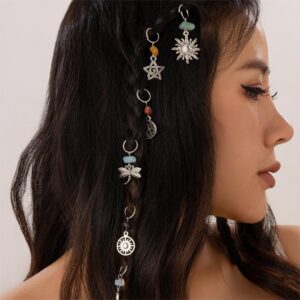 Boho 6Pcs Turquoise Stone Sun Moon Star Dragonfly Floral Heart Charm Hair Braids Ring Set - ArtGalleryZen