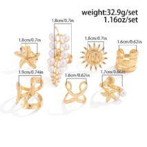 Boho 7pcs Chunky Pearl Sun Starfish Hollow Ring Set - ArtGalleryZen