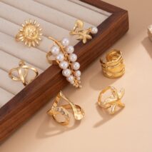Boho 7pcs Chunky Pearl Sun Starfish Hollow Ring Set - ArtGalleryZen