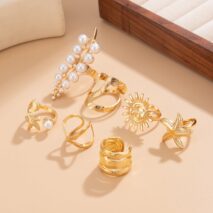 Boho 7pcs Chunky Pearl Sun Starfish Hollow Ring Set - ArtGalleryZen