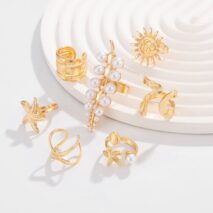 Boho 7pcs Chunky Pearl Sun Starfish Hollow Ring Set - ArtGalleryZen