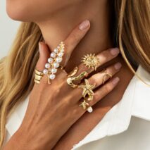 Boho 7pcs Chunky Pearl Sun Starfish Hollow Ring Set - ArtGalleryZen