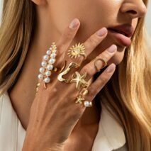 Boho 7pcs Chunky Pearl Sun Starfish Hollow Ring Set - ArtGalleryZen