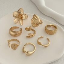 Boho 8pcs Flower Starfish Shell Stackable Open Ring Set - ArtGalleryZen
