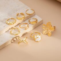 Boho 9pcs Chunky Flower Pearl Curved Waterdrop Open Ring Set - ArtGalleryZen