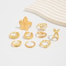 Boho 9pcs Chunky Flower Pearl Curved Waterdrop Open Ring Set - ArtGalleryZen