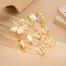 Boho 9pcs Chunky Flower Pearl Curved Waterdrop Open Ring Set - ArtGalleryZen