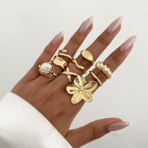 Boho 9pcs Chunky Flower Pearl Curved Waterdrop Open Ring Set - ArtGalleryZen