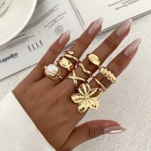 Boho 9pcs Chunky Flower Pearl Curved Waterdrop Open Ring Set - ArtGalleryZen