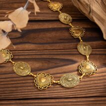 Boho Antique Gold Tone Pattern Heart Oval Disk Waist Chain - ArtGalleryZen