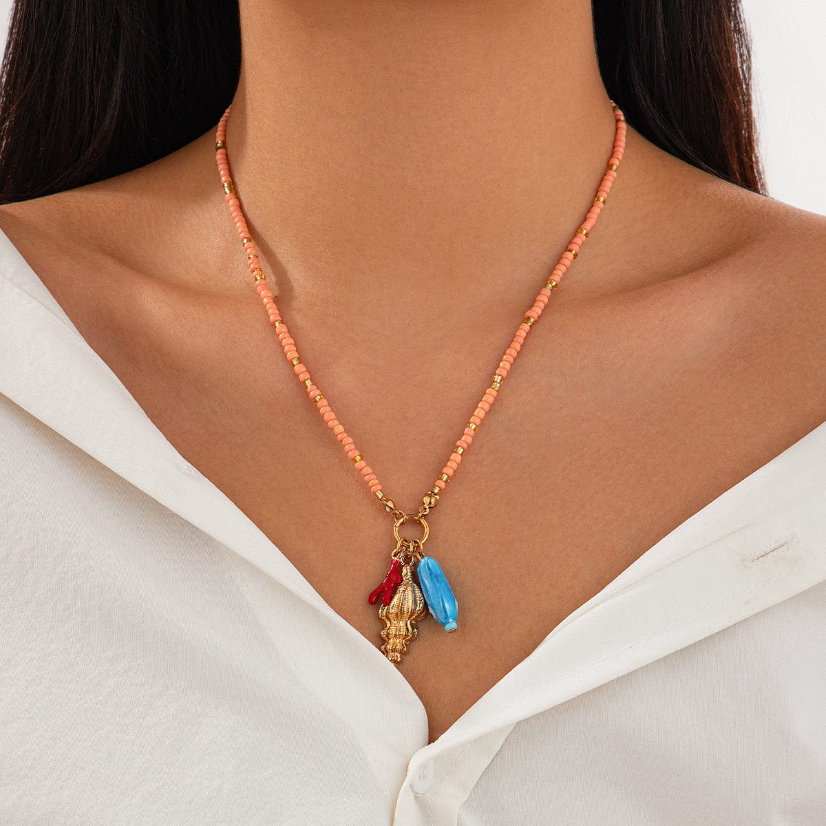 Boho Ceramics Fish Conch Pendant Seed Bead Necklace - ArtGalleryZen