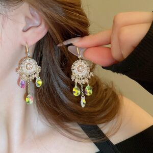 Boho Chunky CZ Rhinestone Inlaid Flower Crystal Tassel Earrings - ArtGalleryZen
