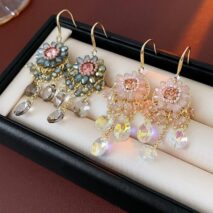 Boho Chunky CZ Rhinestone Inlaid Flower Crystal Tassel Earrings - ArtGalleryZen