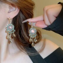 Boho Chunky CZ Rhinestone Inlaid Flower Crystal Tassel Earrings - ArtGalleryZen
