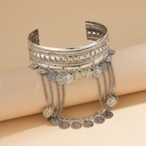 Boho Chunky Layered Coin Tassel Embossed Pattern Arm Cuff - ArtGalleryZen