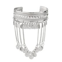 Boho Chunky Layered Coin Tassel Embossed Pattern Arm Cuff - ArtGalleryZen