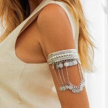 Boho Chunky Layered Coin Tassel Embossed Pattern Arm Cuff - ArtGalleryZen
