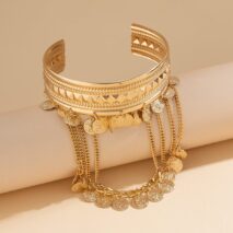 Boho Chunky Layered Coin Tassel Embossed Pattern Arm Cuff - ArtGalleryZen