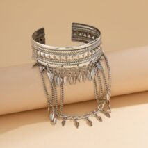 Boho Chunky Layered Leaf Tassel Embossed Pattern Arm Cuff - ArtGalleryZen