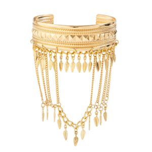 Boho Chunky Layered Leaf Tassel Embossed Pattern Arm Cuff - ArtGalleryZen