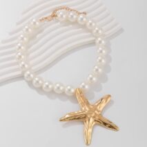 Boho Chunky Starfish Pendant Pearl Chain Necklace - ArtGalleryZen