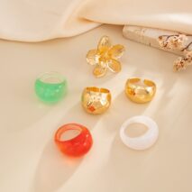 Boho Flower Ring Set 6pcs - Chunky Gradient Resin Statement Rings - ArtGalleryZen