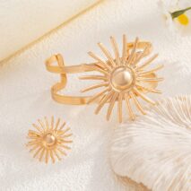 Boho Gold Silver Plated Sun Open Ring Bangle Bracelet Set - ArtGalleryZen