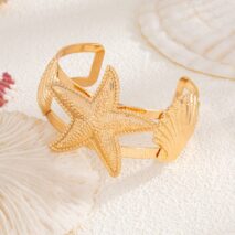 Boho Gold Silver Tone Shell Starfish Hollow Bangle Bracelet - ArtGalleryZen