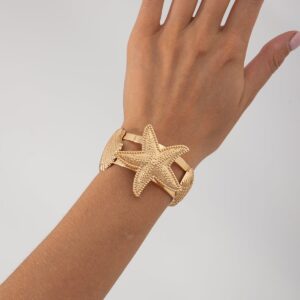 Boho Gold Silver Tone Shell Starfish Hollow Bangle Bracelet - ArtGalleryZen